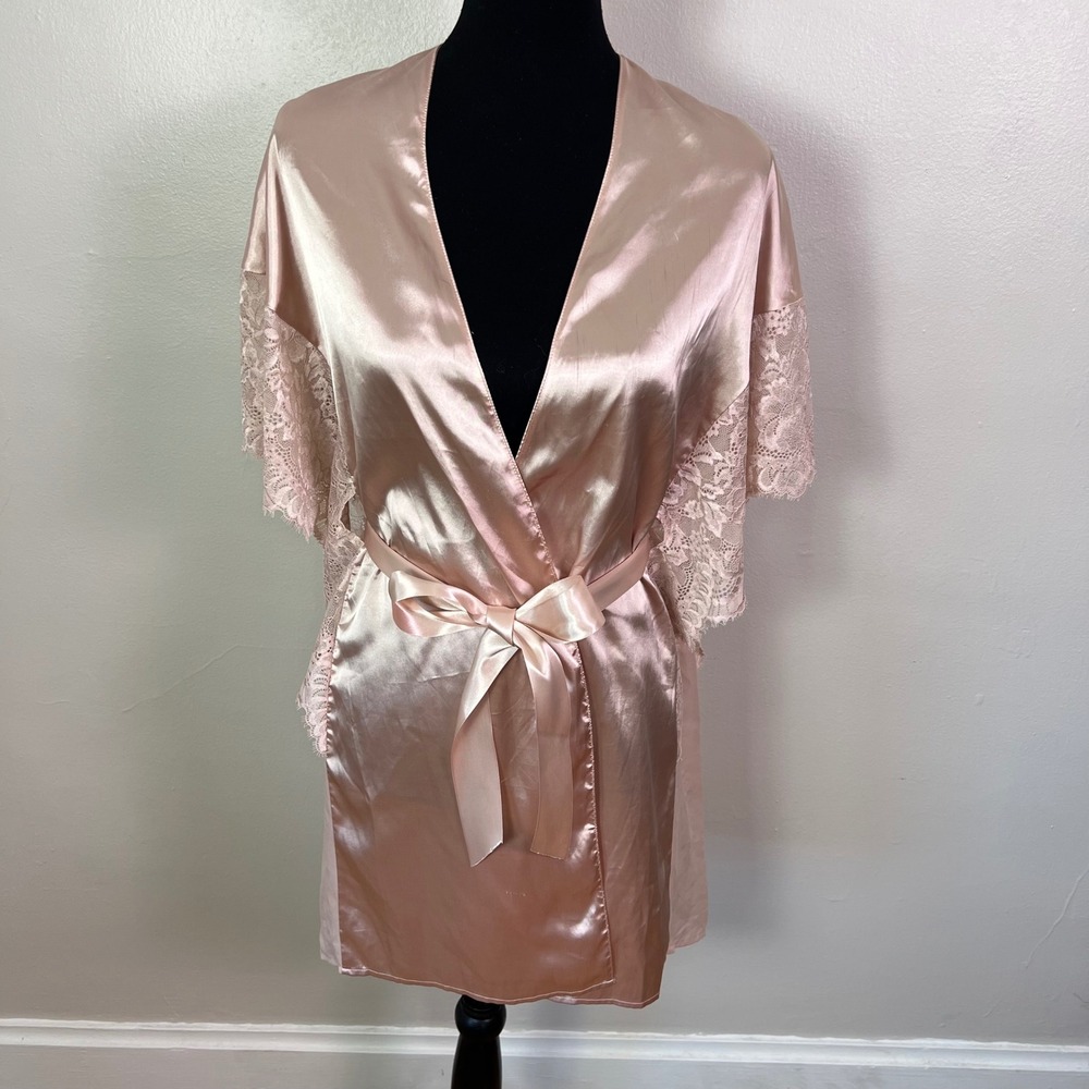 La Senza Pink Satin Lace Trim Kimono Robe Short Sleeve Belted, Size S/M